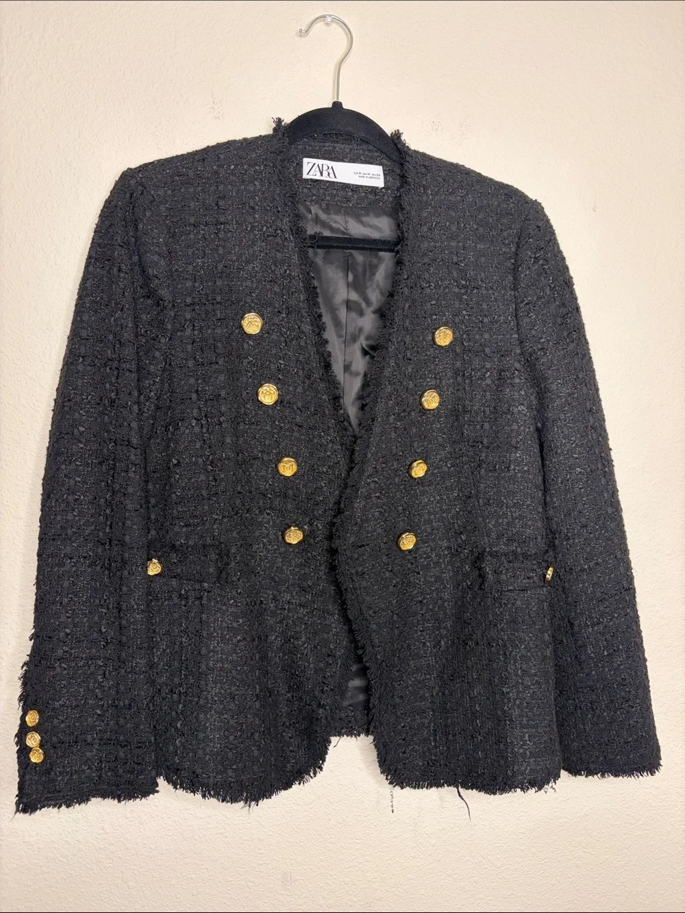 ZARA | Women’s Black Double Breasted Tweed Blazer Gold Buttons Size Medium